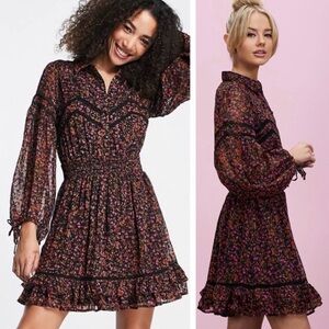 Topshop Floral Long Sleeve Dress with Lace Detail